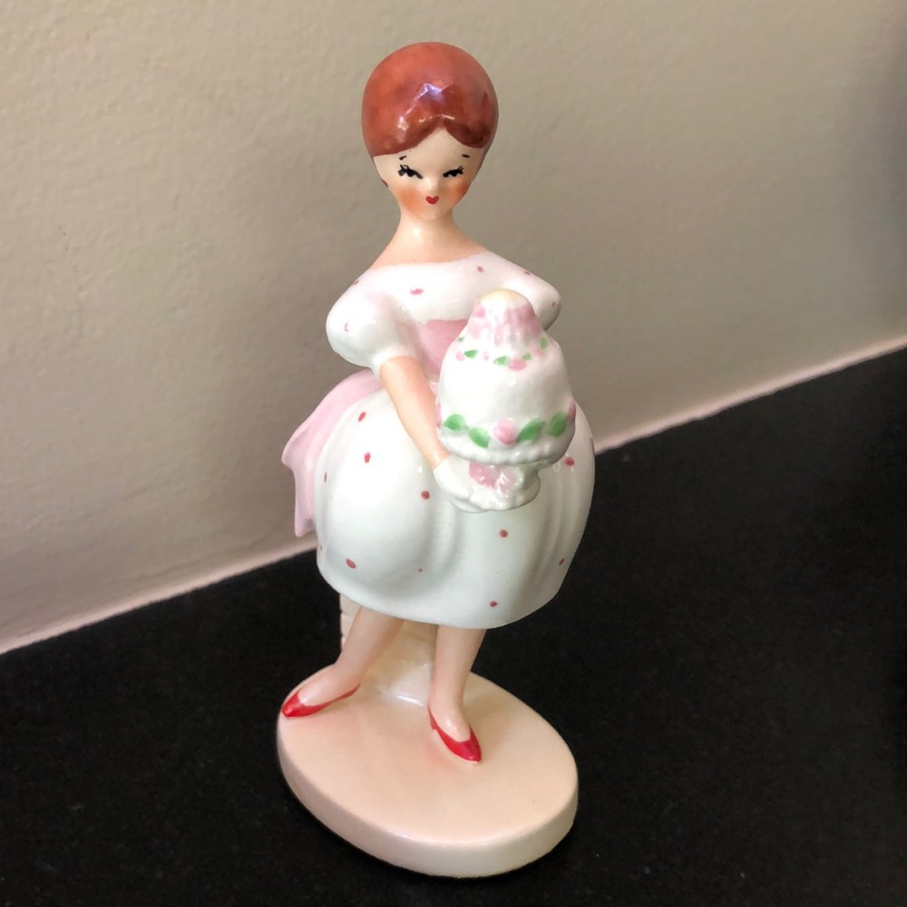 Lefton's Sweet Sixteenth Ceramic Porcelain Figurine w/Cake- Vintage Cake Topper